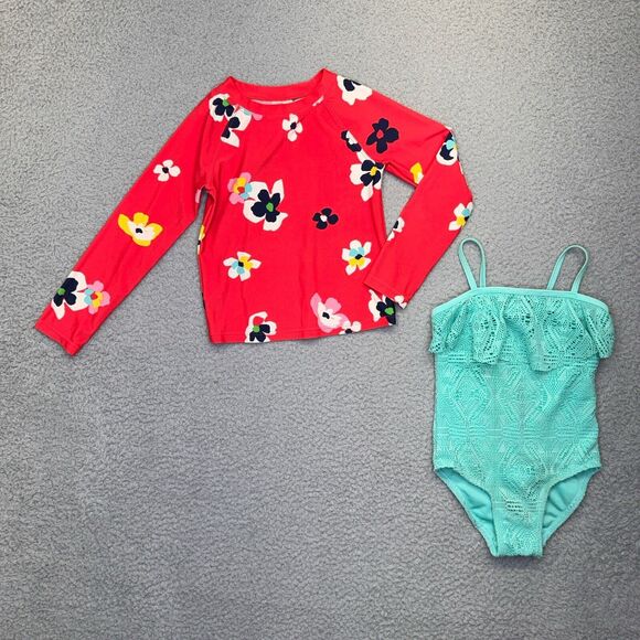 SO One Piece Swim Suit Girls 4 Green GAP Long Sleeve Rashguard Cover Up Bundle - Picture 2 of 15